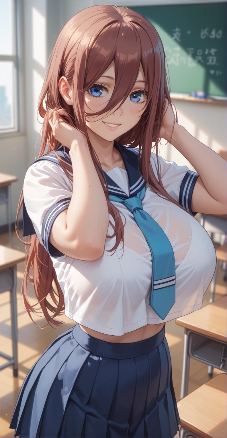 Tall girl, Fit girl,score_9, score_8_up, score_7_up, score_6_up, uncensored, 1girl, miku nakano, long hair, bangs, blue eyes, brown hair, shirt, hair between eyes, huge breasts, sailor outfit, school_uniform, Tie, white stockings, smile, close mouth, Tying up hair, Biting cond, background in classroom, standing, crop clothes