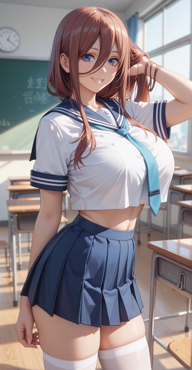 Tall girl, Fit girl,score_9, score_8_up, score_7_up, score_6_up, uncensored, 1girl, miku nakano, long hair, bangs, blue eyes, brown hair, shirt, hair between eyes, huge breasts, sailor outfit, school_uniform, Tie, white stockings, smile, close mouth, Tying up hair, Biting cond, background in classroom, standing, crop clothes