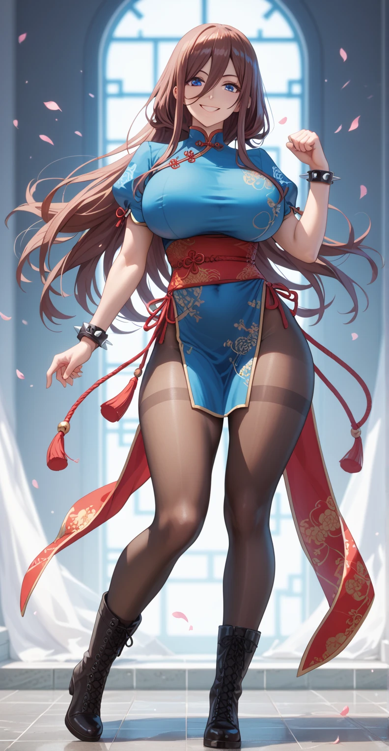 Tall girl, Fit girl,score_9, score_8_up, score_7_up, score_6_up, uncensored, 1girl, miku nakano, long hair, bangs, blue eyes, brown hair, shirt, hair between eyes, huge breasts, Thigh thighs, 1girl, pantyhose, solo, jewelry, chinese_clothes, china_dress, bracelet, dress, spikes, boots, pelvic_curtain, spiked_bracelet, sash, black pantyhose, cross-laced_footwear, brown_hair, thighs, thick_thighs, full_body, lace-up_boots, white_footwear, fighting_stance, puffy_sleeves, smile, looking at viewer