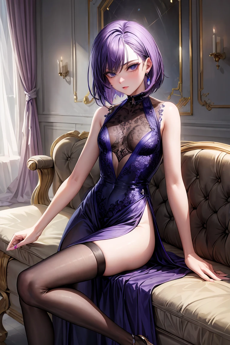 (masterpiece, high quality:1.3), (highly detailed), 1person, androgynous, slender build, violet hair, bob cut, large expressive eyes, full pouty lips, pale skin, petite frame, perky buttocks, small defined chest, high class dress, form-fitting, , thigh-high slit, delicate jewelry, stiletto heels, manicured nails, subtle makeup, living room setting, elegant couch, absurdres, highres
