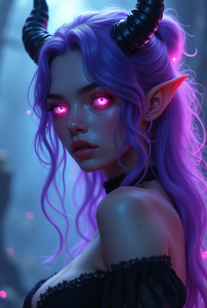 Animated woman with purple pink hair, slightly flashing selestes eyes with headphones watching the devilish landscape