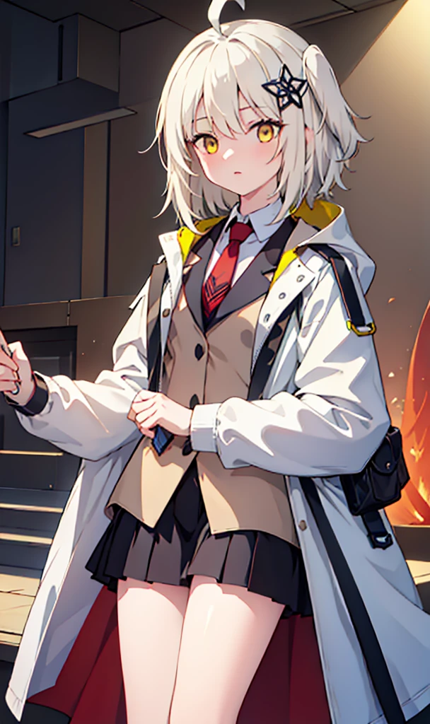 8k、 best quality, masterpiece,  high definition , Alone, {scene_ Arknights:1.15}, Ahoge, ジトeye、hair_ ornament with yam, short_hair, yellow_eye, tie, red_tie, brown_vest, , 1 girl, collared_ shirt, Food, Food_Down, Fooded_ jacket,  jacket,  shirt, white_ shirt, open_Clothes, open_ jacket,  divided by w_lips, white_ jacket,( black miniskirt )、(sceneは草原に立っている)、(sceneはカメラを持っている)、The background is a mountain 