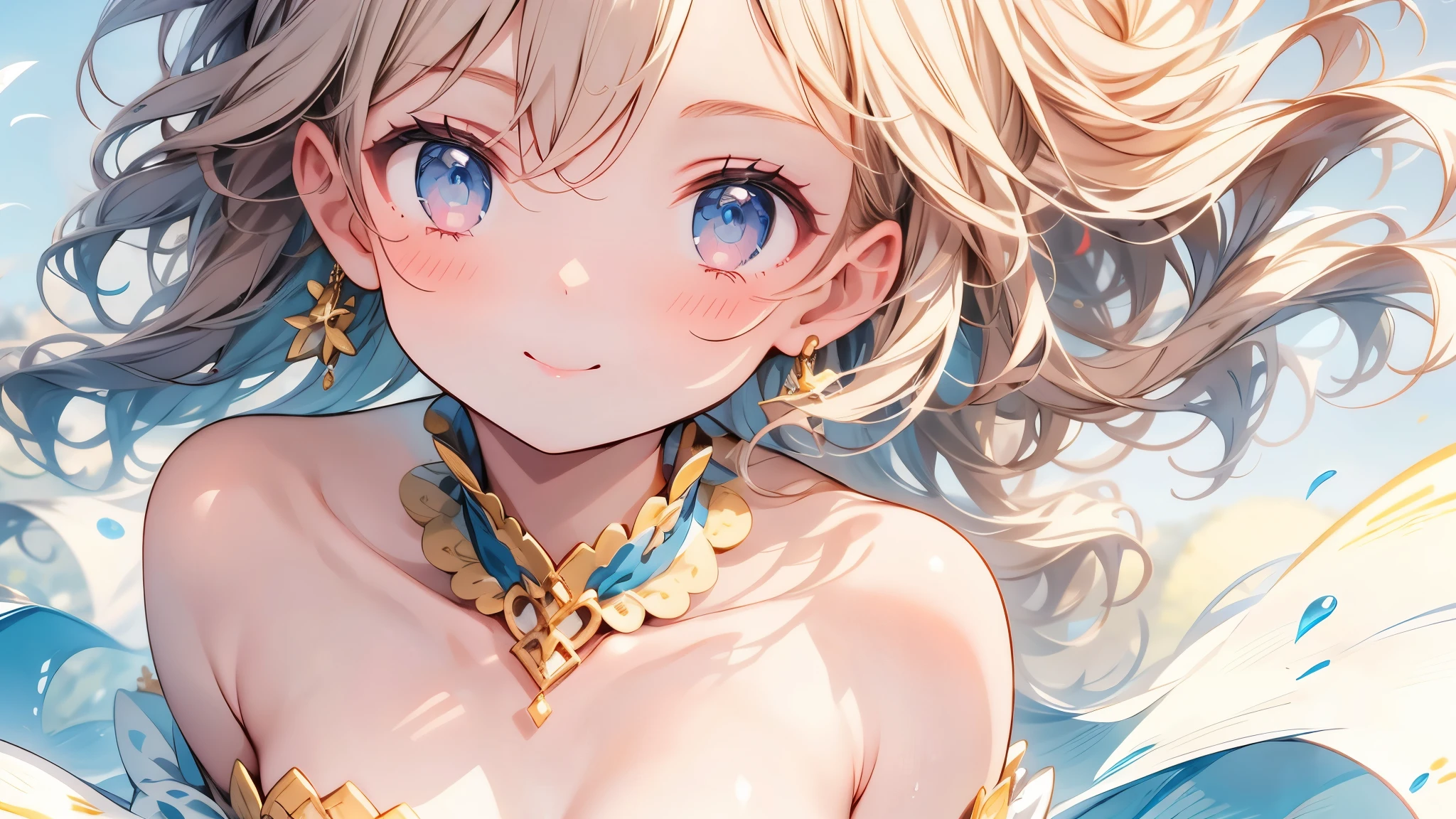 Highest quality, Great quality, 16K, Unbelievably absurd, Very detailed, 2.5D, delicate and dynamic, Very delicate facial expressions, Delicate eye depiction, Upper body close-up, erotic, Only sexy women, Healthy body shape, 22-year-old woman, Height: 170cm, Large, firm, swaying bust、Sunset on the beach, Water's Edge, Orange sky, Palm Tree, A sandy beach strewn with seashells, Lighthouse visible in the distance, The sound of crashing waves, Summer Dresses, Lace Cardigan, Sandals, blue longhair