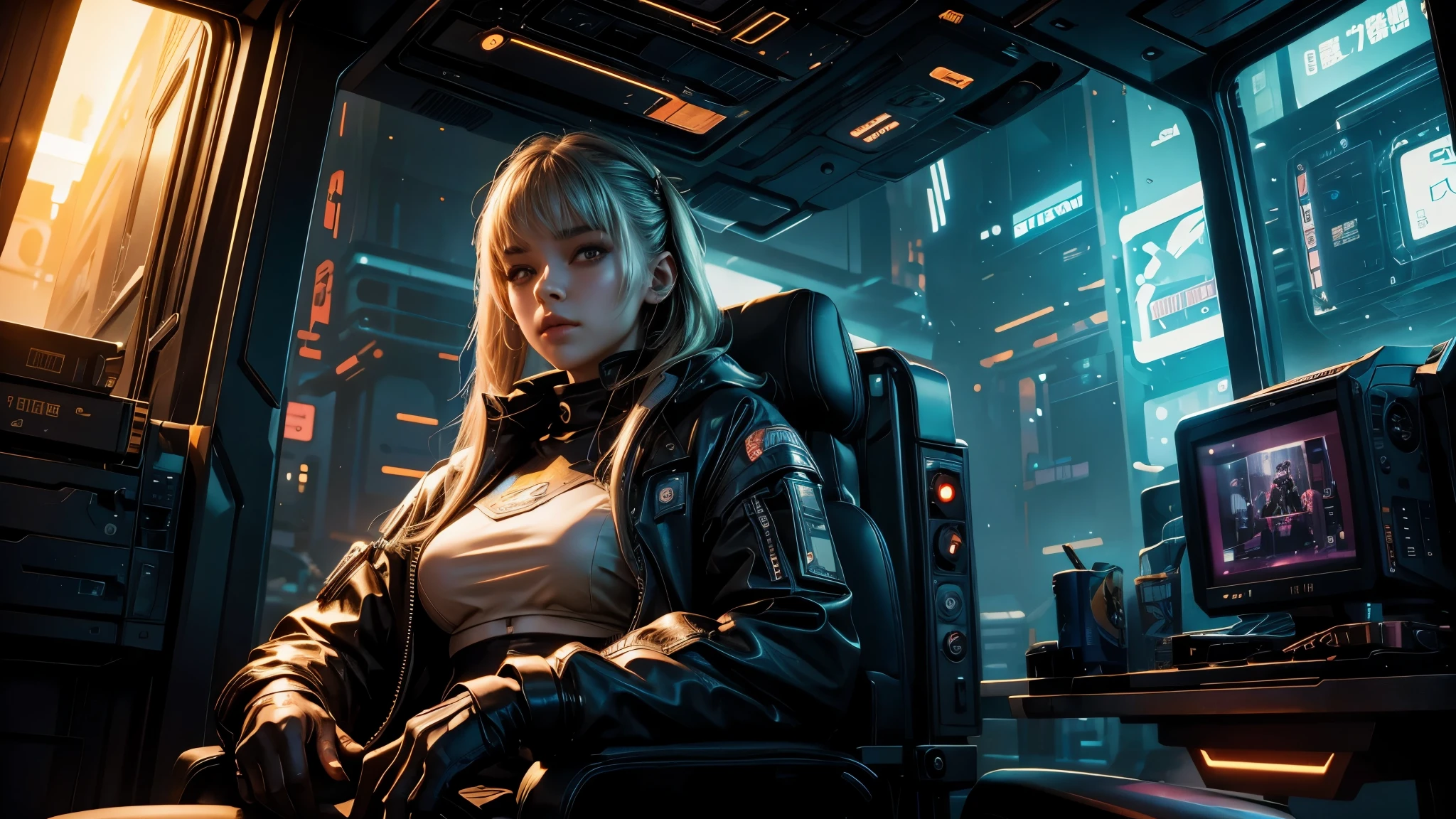 Beautiful, long-haired, beautiful-eyed, slender, blonde woman sitting in an office. ((cyberpunk style)), high-tech city, machine-enhanced, (high-tech fantasy), robotics, 3D games, Blade Runner 2049, Ghost in the Shell, realistic rain, near-future, neon,