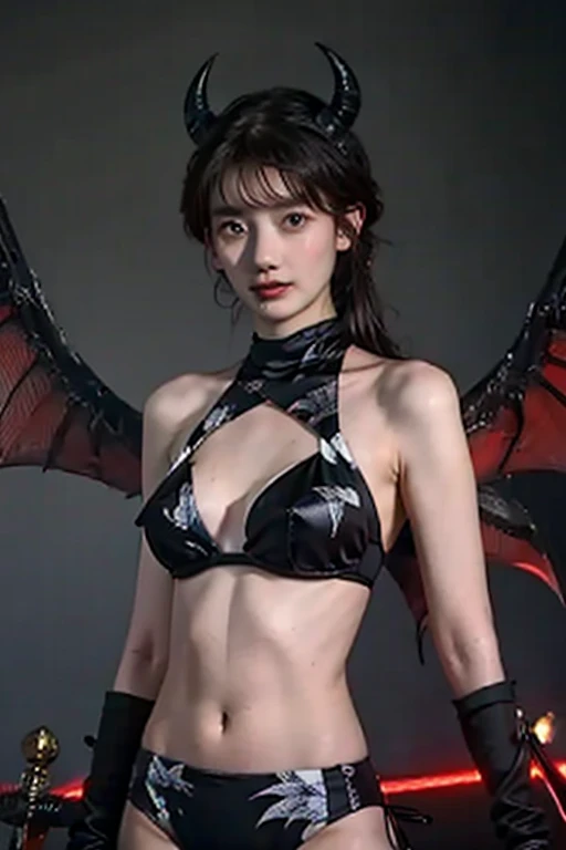 (detailed), light layer, lustrous skin, (intricate detailed, crimson red tiny micro thin lingerie G-string outfits, demon wings, hair ornament :1.2), black hair, black choker, long hair, hime cut, woman, blunt bangs, sidelocks, red eyes, holding quarterstaff, holding scythe, holding sword, (mature female:1.1), [uncensored, NSFW, nipples], side-ponytails  (simple background:1.1), big breasts and slender body, black hair, from above, first-person view, pov, (masterpiece), (best quality), super detail, 16k