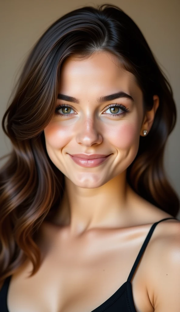 Hyper-realistic portrait of a young woman shown from head to the bust line. She has a slightly oval and symmetrical face with fair, flawless skin and a natural glow. Her large, expressive green eyes are framed by long, thick eyelashes, and her well-defined, thick, arched eyebrows match the dark brown tone of her wavy, long hair that falls naturally over her shoulders. Her nose is small and slightly upturned with a straight bridge. Her lips are full and naturally pink, with a well-defined cupid's bow on the upper lip and a plump lower lip.

The image captures her upper body down to the bust line, where she wears a delicate, thin-strapped black top. The warm and soft lighting highlights the contours of her face, particularly her slightly prominent cheekbones, and adds depth to her smooth skin texture. Her pose is confident and slightly inviting, with a subtle, friendly smile. The background is softly blurred and neutral, emphasizing her features and creating a professional, photographic, ultra-realistic look.