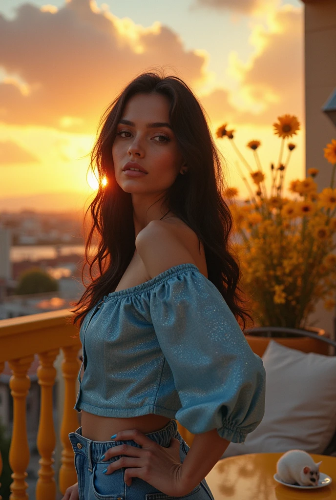 against yellow and white furniture and a beautiful sky Actual photo of the sunrise from the balcony of the house that did, blue shirt、 Women Looking at Camera 、 actual size sunset clouds and sky , all of the backgrounds and colors are a combination of beauty , The background is solid yellow . a flower, background sunlight shining through behind a window , Geralt , next to it is a four-colored cat 、 There is a white mouse on the other side . dancing light in the hand , ロブチェンバーの光沢のある模様の blue shirt, outer pocket looks like personality type, wearing a Rob Chamber shirt , Model , beautiful girl with a fan , Italian female model with long straight black hair , charming Italian woman 、 long black hair and amazing body , shiny shirt fabric with an open collar , very cute and beautiful , Girl Model, Tight shirt, beautiful body and face , Beautiful Goddess, outer pocket , prominent opening , sharp curve , secret nightclub shooting , ISO800. Aperture 1.8, shutter speed 40000 . the entire surface of the light dance and all the walls are beautiful , tempted girl is sweaty and wet . Happy and happy