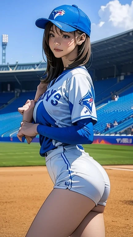  The pitcher pitches 、Tall、 is leggy、 beautiful legs、There is a very beautiful woman in the Toronto Blue Jays uniform,Yokohama Stadium、Pitching、