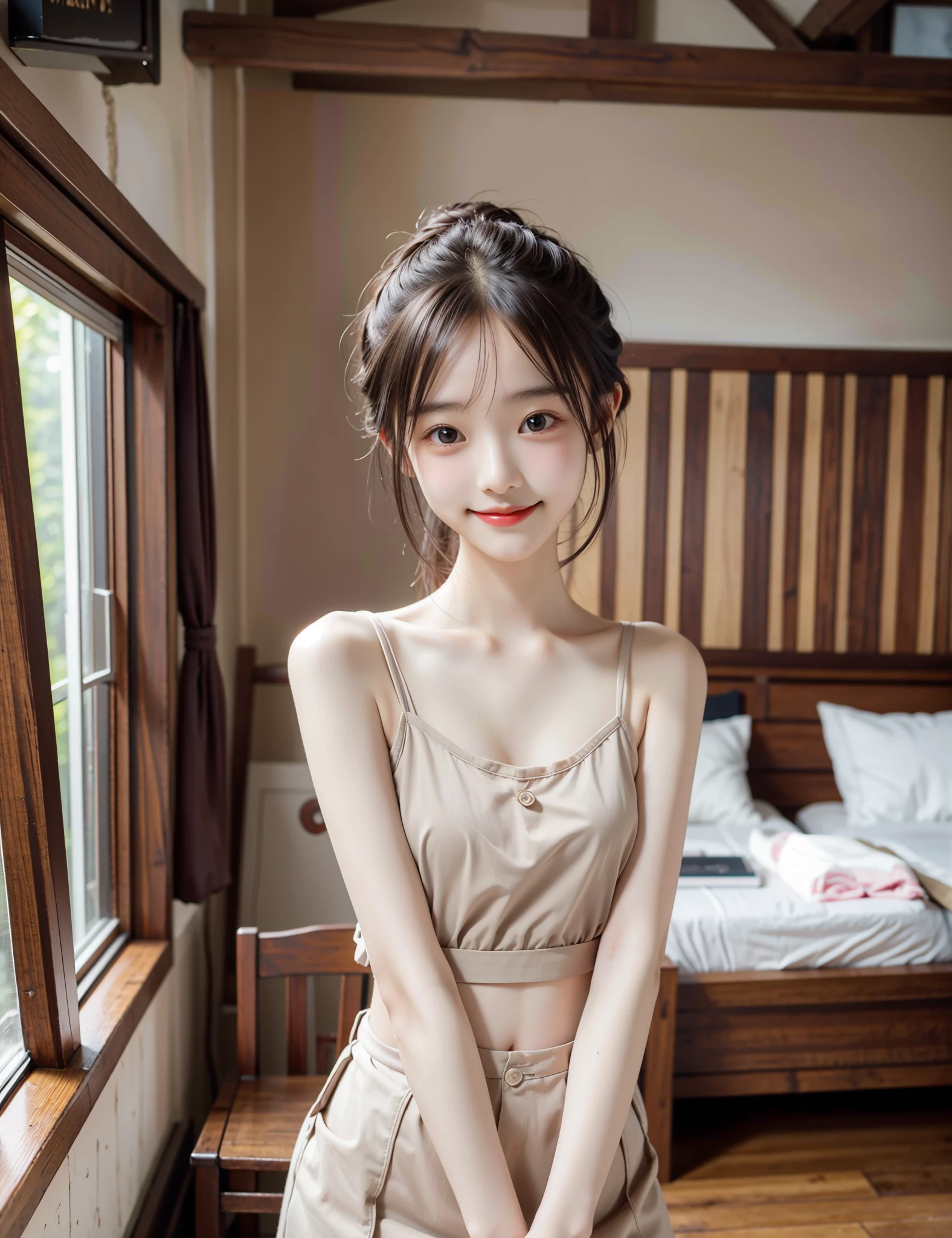 Maid,cute pretty girl,masterpiece,high definition,4k,8k,16k,chignon hair,brown hair,skinny,thin body,smile