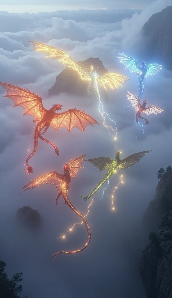 Wide angle, cinematic, slow motion: A breathtaking scene showcasing the ancient dragons of the elements—Fire, Lightning, Ice, Water, and Earth—emerging from the mist. Each dragon, representing its element, flies majestically over vast, sacred landscapes. The camera slowly pans across the dragons, capturing their immense power and grace. Their glowing eyes and mythical forms glow brightly, transcending time as their legends echo through the ages. The music swells with an epic, mystical tone, creating an atmosphere of awe and reverence.