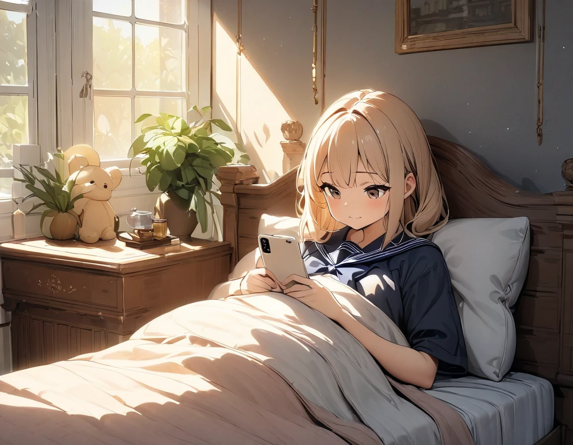 (highest quality, 4K, 8K High Resolution, masterpiece:1.2), Very detailed, one person, woman, A girl in a sailor uniform lying on a bed in a room and playing with her smartphone, Soft pillow、Cozy Blanket、Sunlight streaming through the window、In the background there is a bookshelf full of books、There is a stuffed toy next to her、Hot tea on the bedside table, Warm tones, The soft natural light coming through the window illuminates the room.