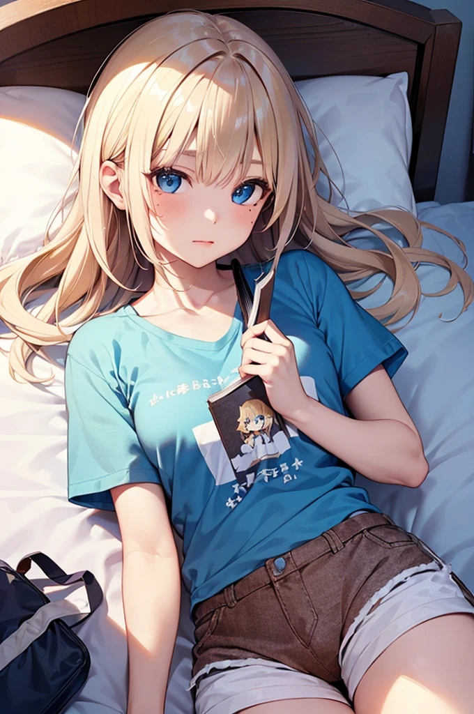 Girl with a nasty appearance:1.3）、(on the beds:1.5)、(and chest:1.4)、Raw photography, top-quality, hight resolution, (​masterpiece), (Photorealistic:1.4), (Mole under the eyes),Anime Cosplay, sharp focus, nffsw,  8k resolution, intricate detailes, depth of fields, the Extremely Detailed CG Unity 8K Wallpapers, front lit, female,25-years old、 Melancholy face、SparSe、(Odango Hair:1.5)、(Lying down:1.5)、see -through、(medium blonde)、blue eyess,(Holding a half-read book in your hand:1.5)、(T-shirt and hot pants:1.3)、Angle from directly above、Reading a book、Unmotivated look