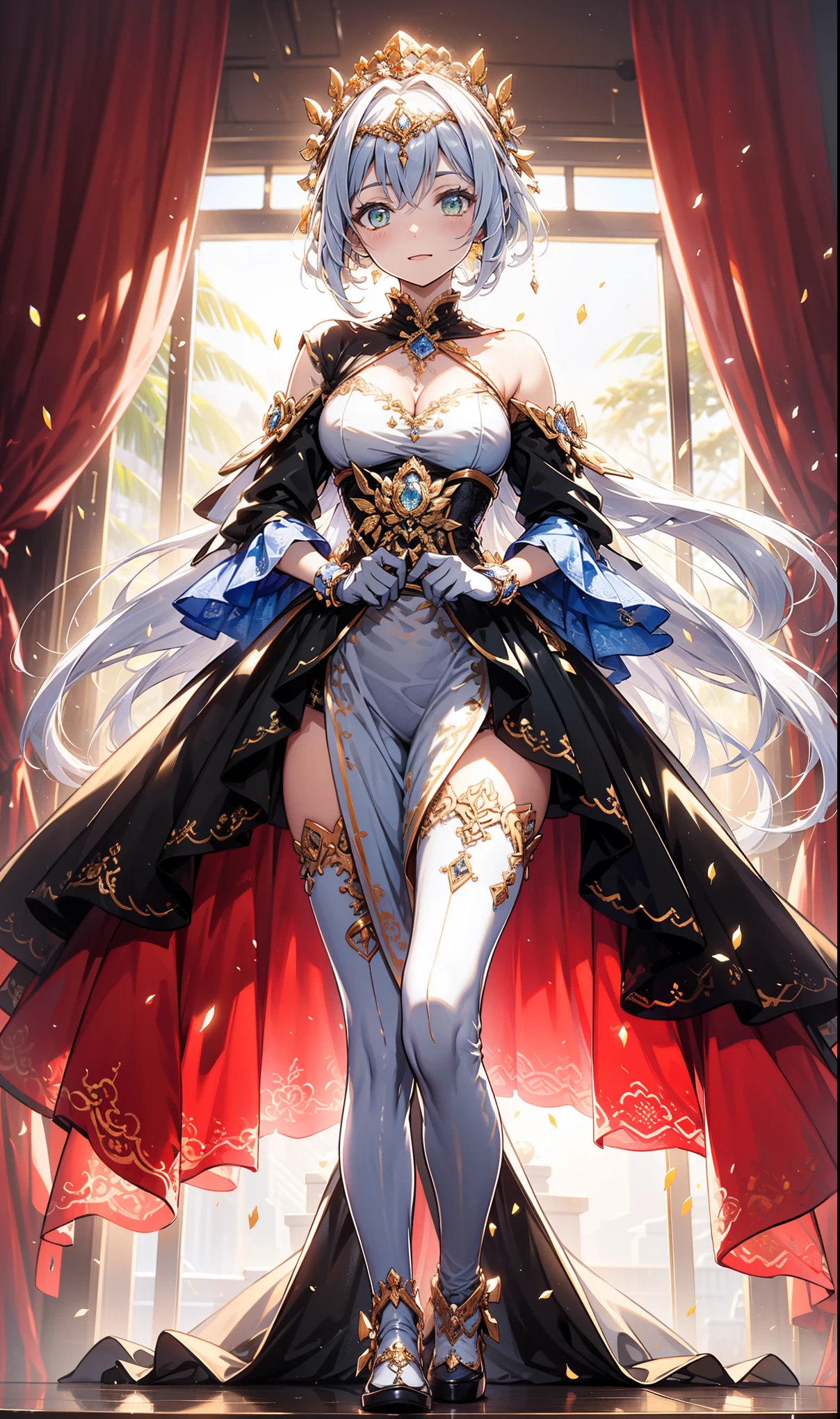 top quality、Top image quality、masterpiece、girl ((Over 20 years old、medium to large bust、More mature、obsessed、tempting pose、Breasts wide open、long white hair、Exquisite and beautiful face、red eyes、Curved figure、charming figure、Grand canyon、Silver transparent skirt mixed with modern sexy clothing、ideal girlfriend for love，恶魔girl、Elegant posture、Long leather boots、Carved)）high quality、beautiful art、background with((fantasy palace scene))、visual art、depth of field、Diamonds adorn clothes、Full body female love、Seductive pose、Sexual innuendo、sexual teasing、lace、Transparent skirt、Fluttering skirt、Minor repaint