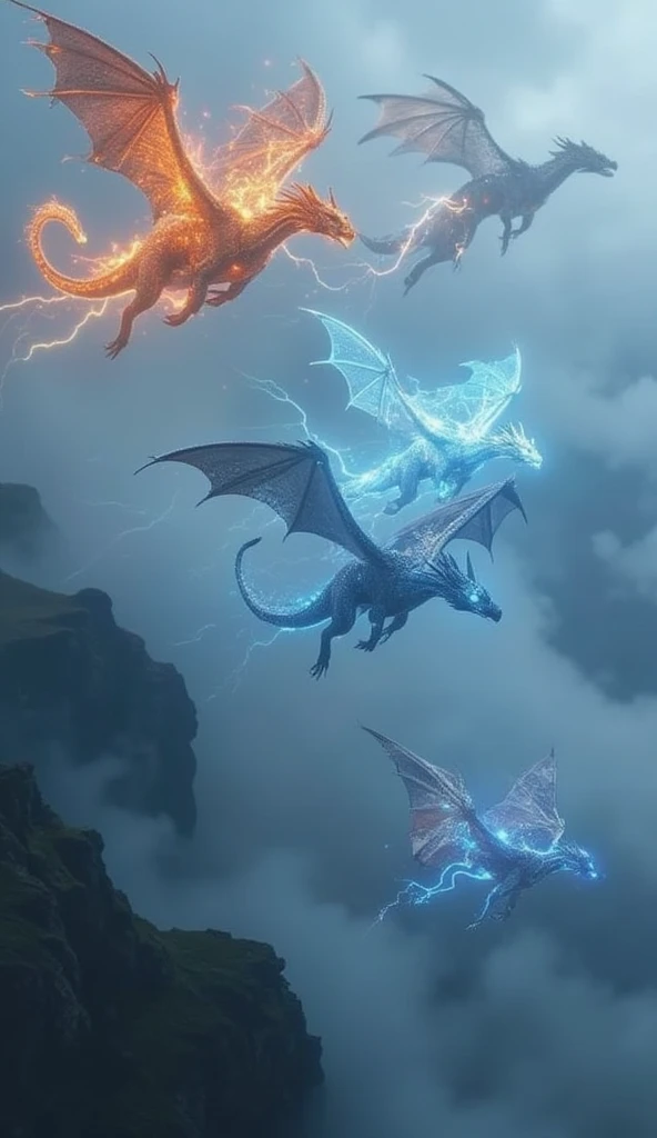 Wide angle, cinematic, slow motion: A breathtaking scene showcasing the ancient dragons of the elements—Fire, Lightning, Ice, Water, and Earth—emerging from the mist. Each dragon, representing its element, flies majestically over vast, sacred landscapes. The camera slowly pans across the dragons, capturing their immense power and grace. Their glowing eyes and mythical forms glow brightly, transcending time as their legends echo through the ages. The music swells with an epic, mystical tone, creating an atmosphere of awe and reverence.