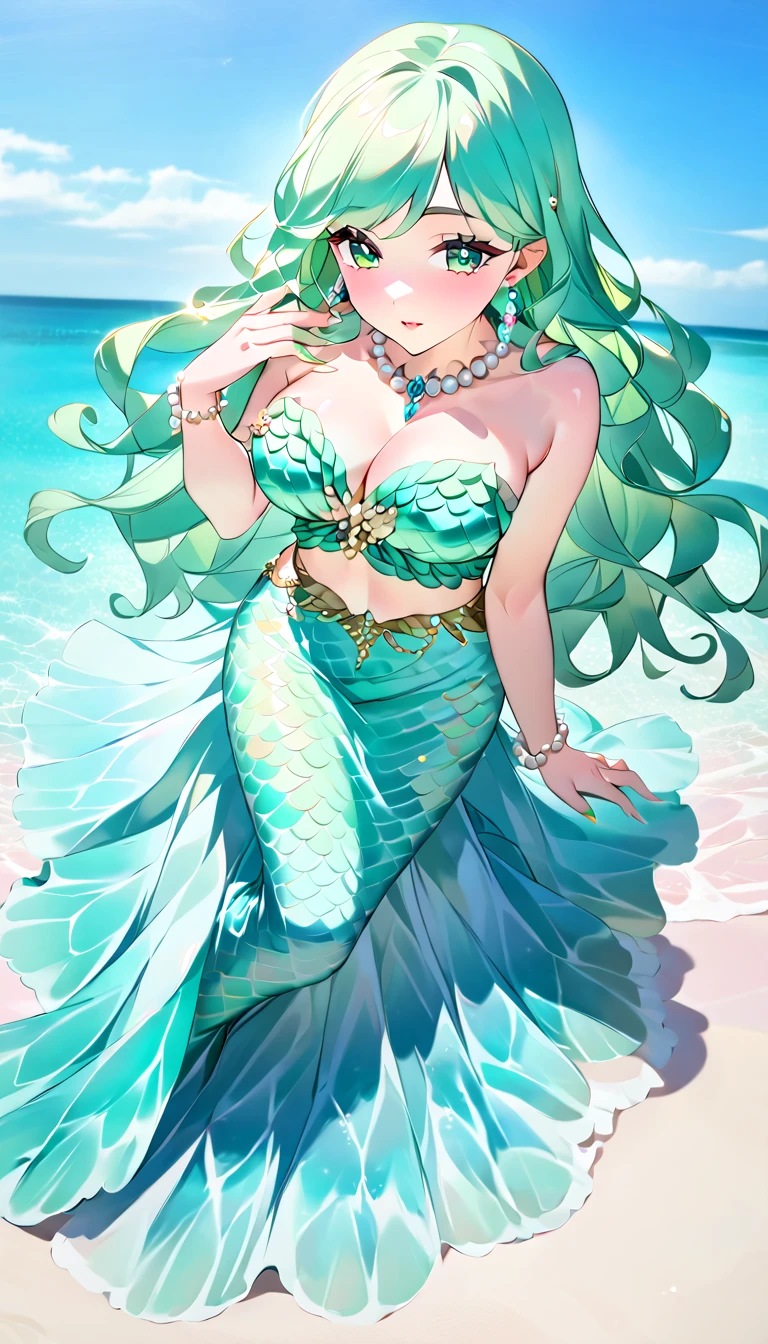 1girl, solo, masterpiece, best quality, (anime art style:1.0), mint green hair, long wavy straight hair, seashells entangled in her hair, clean detailed coral green eyes, diamond earrings, seashell mermaid top, pearl necklace, long multicolored mermaid tail, blue and green scales, soft pink lips, blushing, fair skin, swimming in a bright blue ocean,  pearl bracelets, Better Mermaids, painted acrylic gold fingernails, pure, round breasts