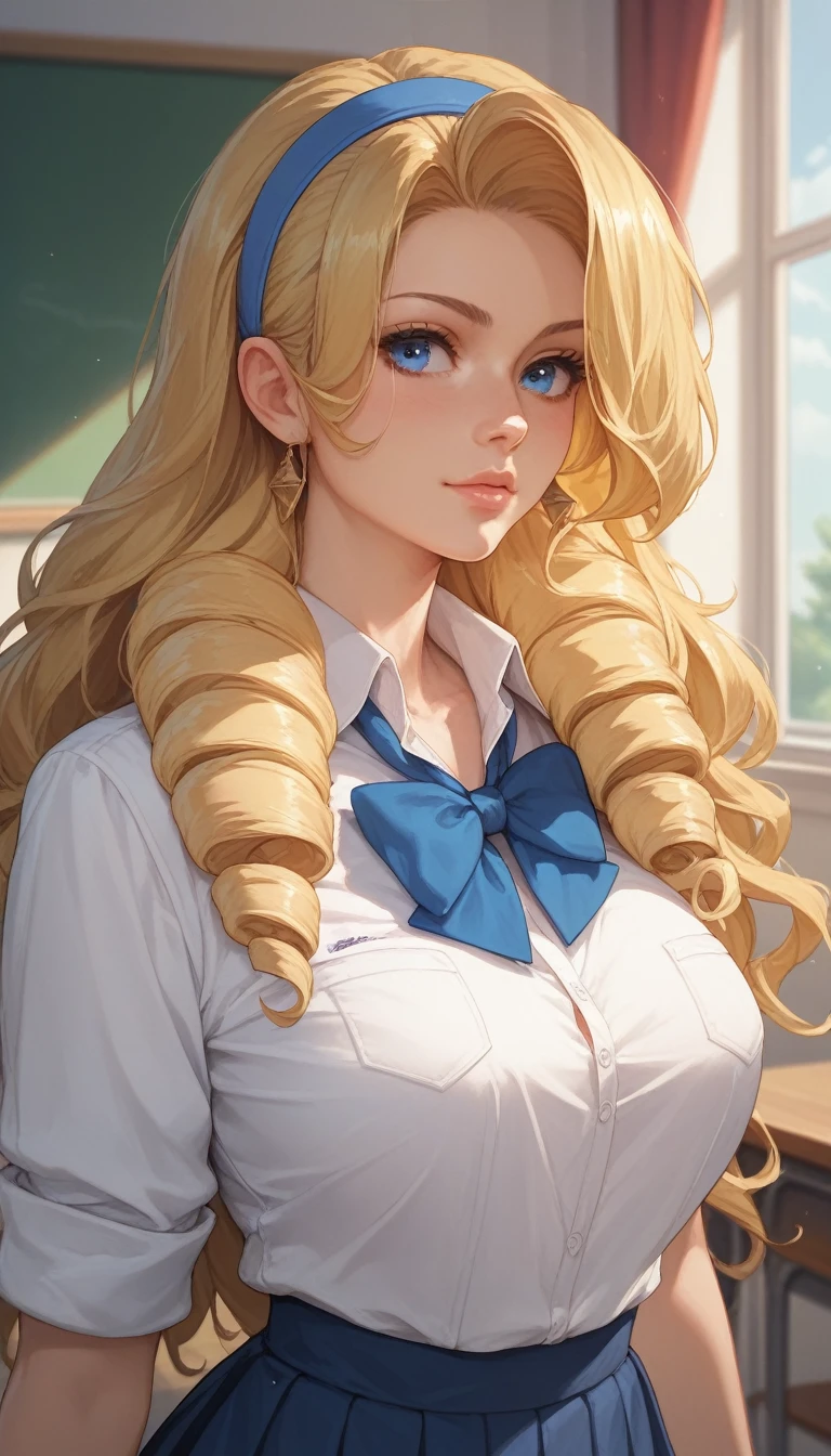 cecilia alcott, long hair, blue eyes, blonde hair, hairband, drill hair, blue hairband,(best quality,master details), school uniform, bomber breasts,