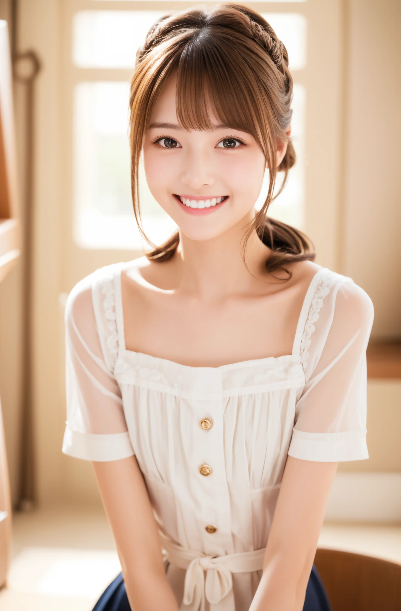 Maid,cute pretty girl,masterpiece,high definition,4k,8k,16k,chignon hair,brown hair,skinny,thin body,smile