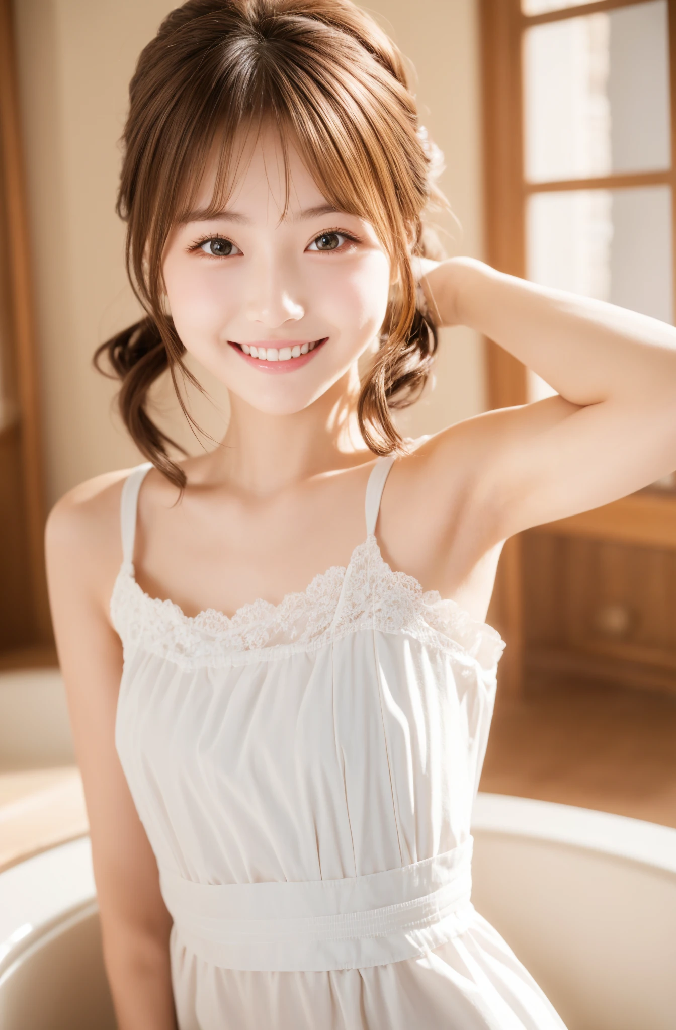 Maid,cute pretty girl,masterpiece,high definition,4k,8k,16k,chignon hair,brown hair,skinny,thin body,smile