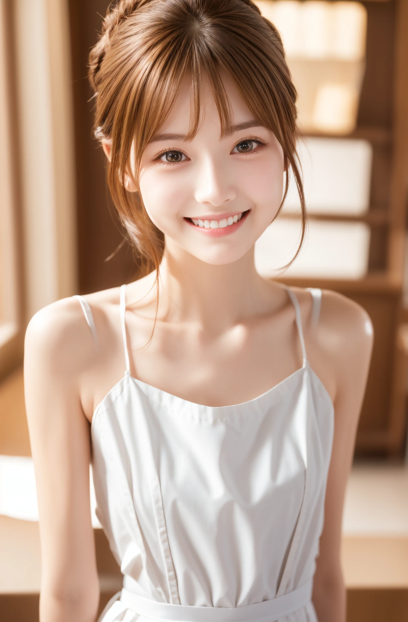 Maid,cute pretty girl,masterpiece,high definition,4k,8k,16k,chignon hair,brown hair,skinny,thin body,smile