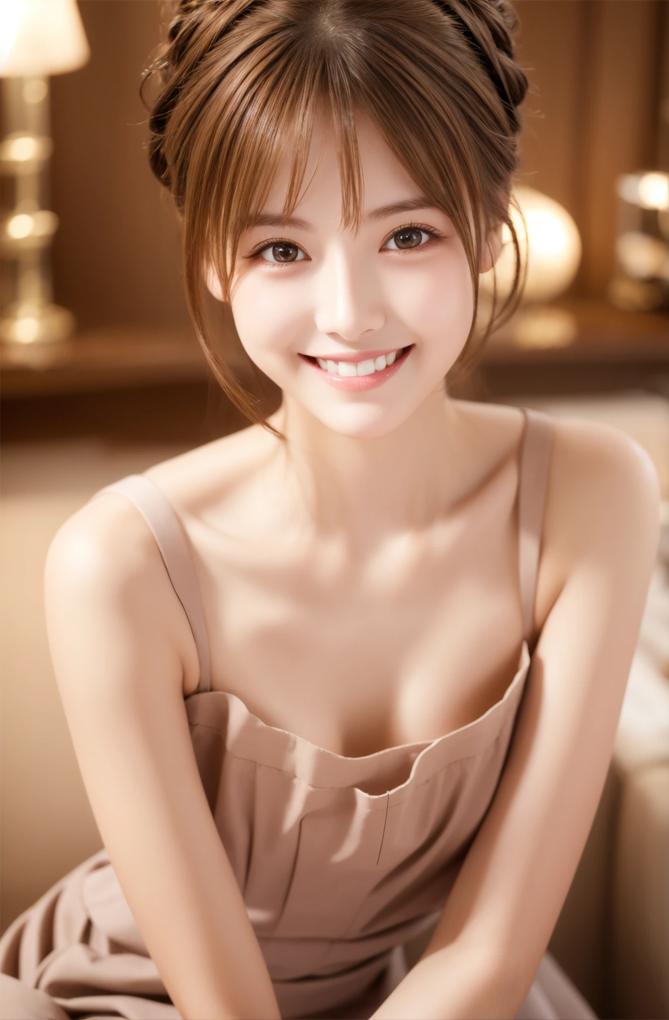 Maid,cute pretty girl,masterpiece,high definition,4k,8k,16k,chignon hair,brown hair,skinny,thin body,smile