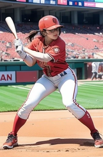 A very beautiful woman wearing a Hiroshima Carp uniform,Hitting at Giants Stadium、 bat