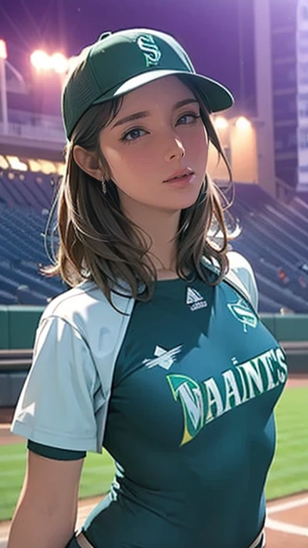  A very beautiful woman is wearing a Seattle Mariners uniform at Giants Stadium,Hit at Giants Stadium 、 bat