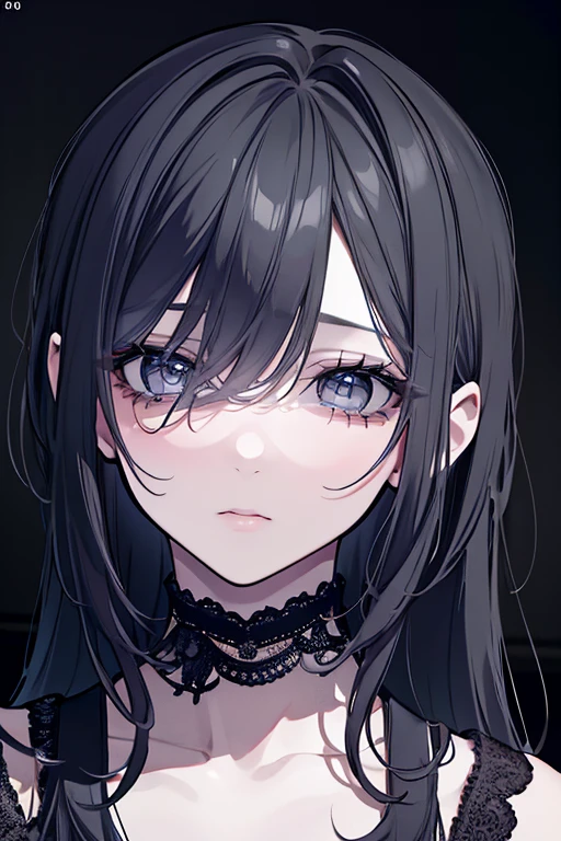 masterpiece, best quality, absurdres, (score_9, score_8_up, score_7_up), 1girl, solo, close-up, small breasts, black hair, long hair, gray eyes, scars, burn scars, neutral, head tilt, black dress, Victorian fashion, hands down, looking at viewer, black background, simple background, sfw 