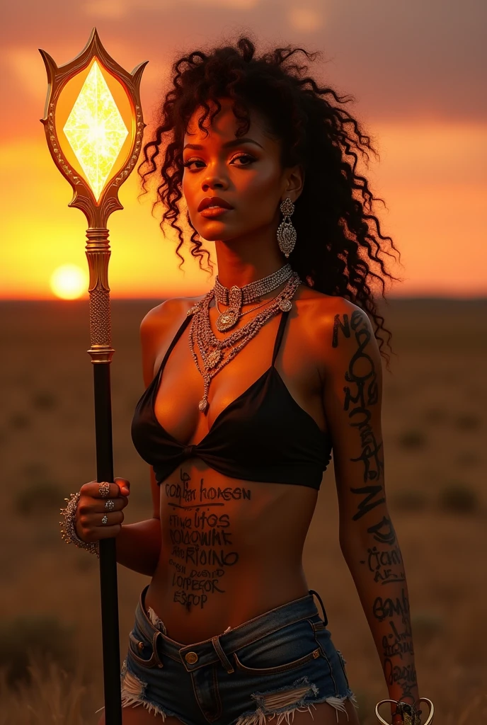 "Generate an enchanting AI image portraying Rihanna as a celestial goddess of stars, gracefully wandering through the vast expanse of space. Capture her divine essence as she emanates celestial radiance, adorned in celestial attire that mirrors the brilliance of galaxies. Envision a cosmic landscape around her, filled with swirling nebulae, shimmering stars, and ethereal light, reflecting the powerful and otherworldly presence of Rihanna as the goddess of the cosmic realm."