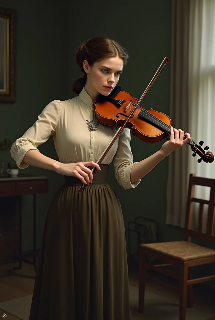 Girl, redhead, pale skin, red lips, moderate fox-eye-makeup, green eyes, hair is bonded in a bun, playing Violin, dressed in rather old clothes (beige shirt with a fly), a green, thin scarf, a long, black, skirt. Big tits and big ass. No other people in the image.