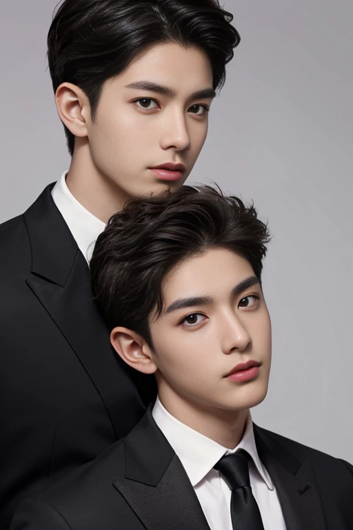 2 boys, black short hair, brown eyes, serious sharp features, white skin, a mole under the eye and a mole on the cheek, formal style.