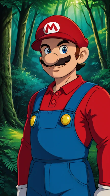 (1boy, mario), (extremely detailed CG unit 8k wallpaper),(master part), (best quality), (ultra detail), (best illustration),(ghibli style), cowboy shot, standing, facing viewer, looking at viewer, perfect face, perfect eyes, perfect fingers, (Sharp eyeliner, ombre, detailed eyes:1), digital art, Deep in the forest,Deep green forest,beautiful forest,Low light, break , upper body, solo, smile, (smug, smirk, red shirt, long sleeves, blue overall)