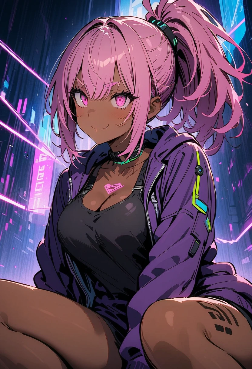 One girl, pink hair, ponytail, ((dark skin)), (cyber punk),(( whole body:1.5)), alone, glowig pink eyes,Laugh fearlessly, Leg Tattoos, Neck Tattoo, Black bra, String,  purple jacket、cyber punk background、cyber punk city:1.5))、Dynamic Angle、