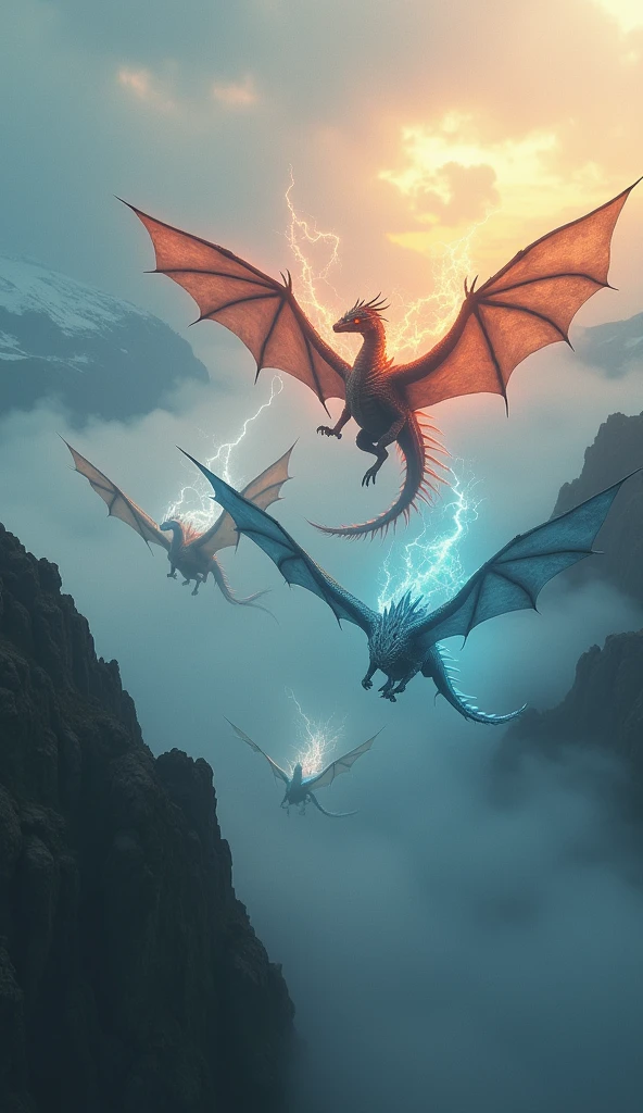 Wide angle, cinematic, slow motion: A breathtaking scene showcasing the ancient dragons of the elements—Fire, Lightning, Ice, Water, and Earth—emerging from the mist. Each dragon, representing its element, flies majestically over vast, sacred landscapes. The camera slowly pans across the dragons, capturing their immense power and grace. Their glowing eyes and mythical forms glow brightly, transcending time as their legends echo through the ages. The music swells with an epic, mystical tone, creating an atmosphere of awe and reverence.