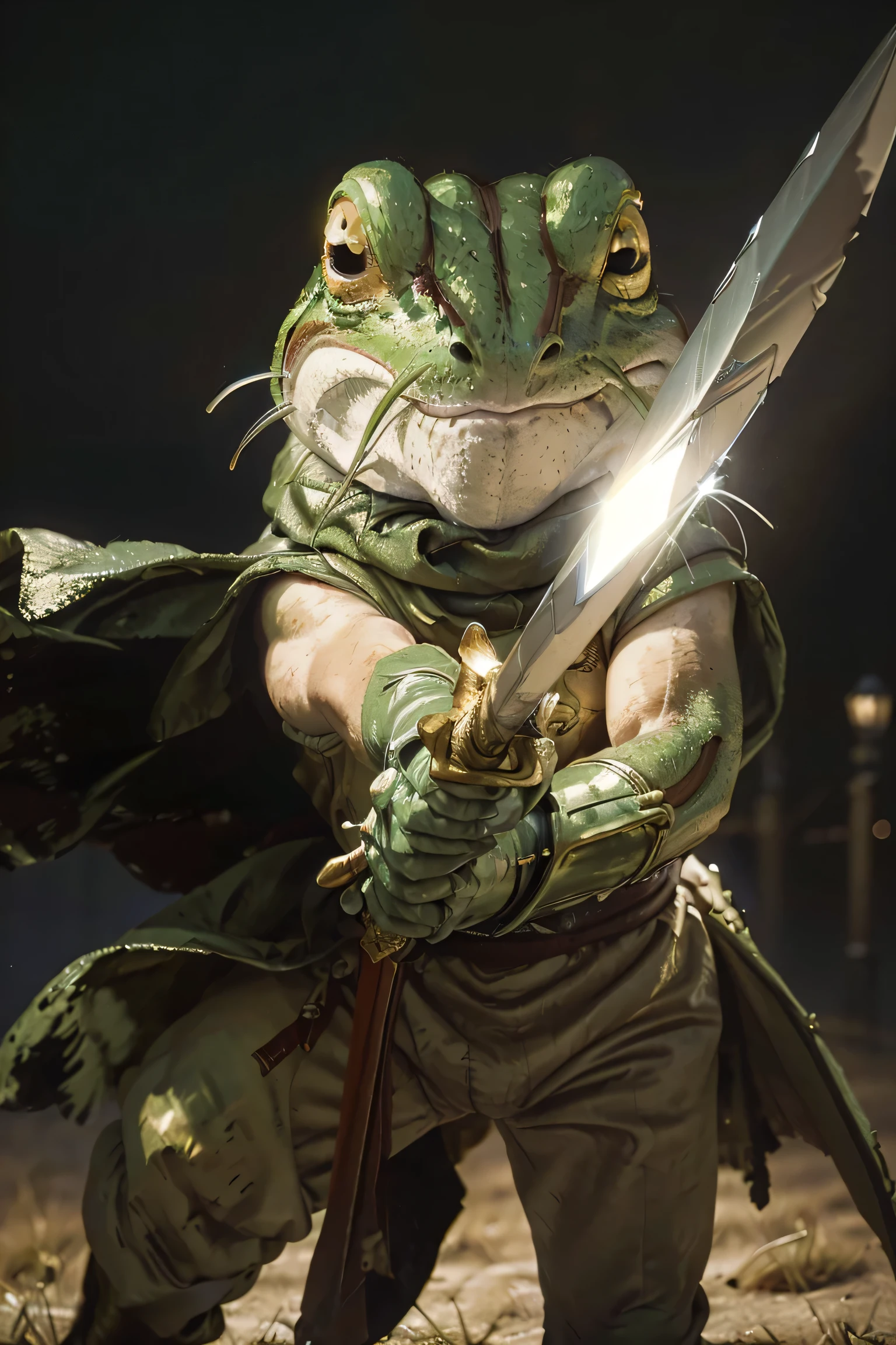 (sfw: 1.4)), ((detailed face,  professional photography)), (( face detail real )), Ultra High Resolution, (Realistic: 1.4), RAW Photo, Best Quality, (Photorealistic Stick), Focus, Soft Light, ((real  eye)), (surface), (depth of field), masterpiece、1animal(frog), skate, holding a  sword, wearing pink underwear, absurdres, high res, ultrasharp, 8k, masterpiece、( best quality,4K,8k, high definition ,masterpiece:1.2), super detailed,(Realistic,Photographically,Photographically:1.37), gold plate, holding sword and shield, glove, white pants, green cape、 (fighting stance:1.3),  action scene, dynamic pose, serious look、
Enveloped in Shadows、Nocturnal Silence