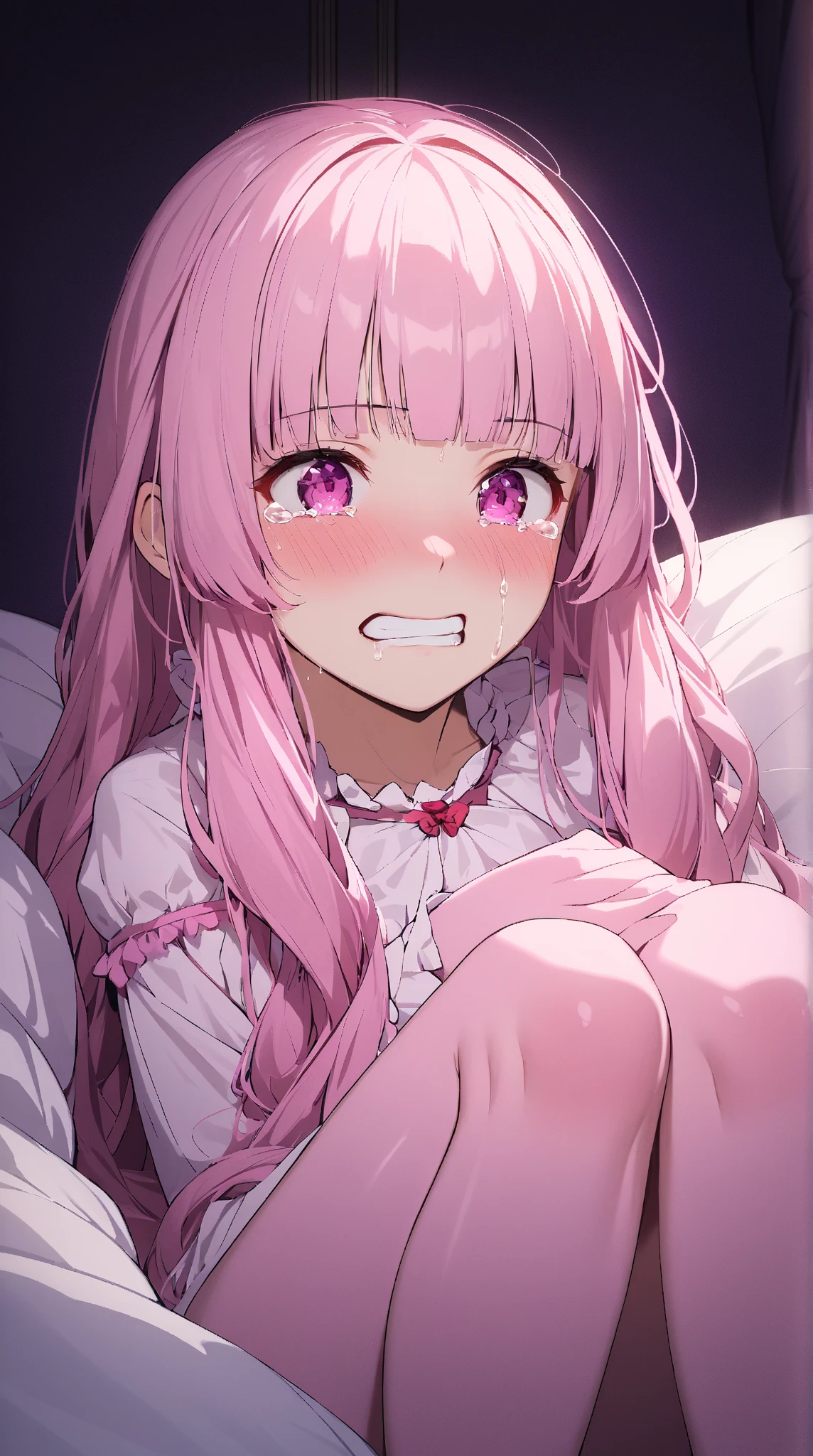 1girl,while holding an icecream, pink hair, pink eyes with love, detailed eyes, straight hair, straight bangs, shiny hair,
,red bowtie,purple skirt,purple shirt,pleated skirt,short sleeves,looking at the viewer, high-definition,masterpiece,best quality, masterpiece, best quality, high resolution, aabeta, double, sitting on a pink white bed, slim waist, cute, sailor uniform, super close up selfie  (PastelColors: 1.3)