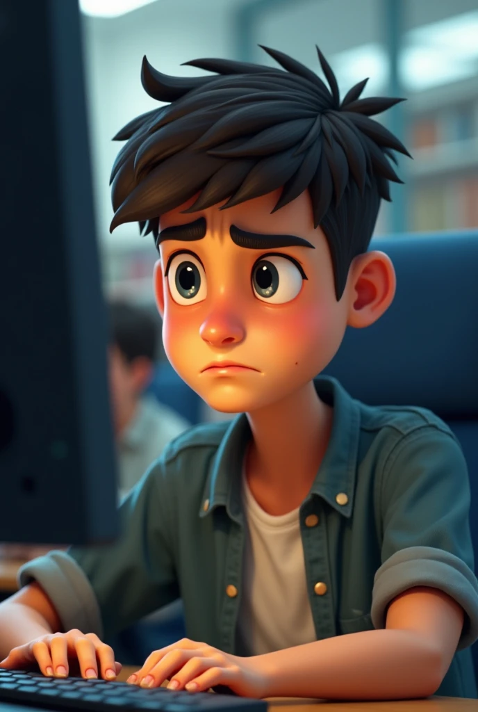 Image of a young college teenager with a worried face in front of a computer 