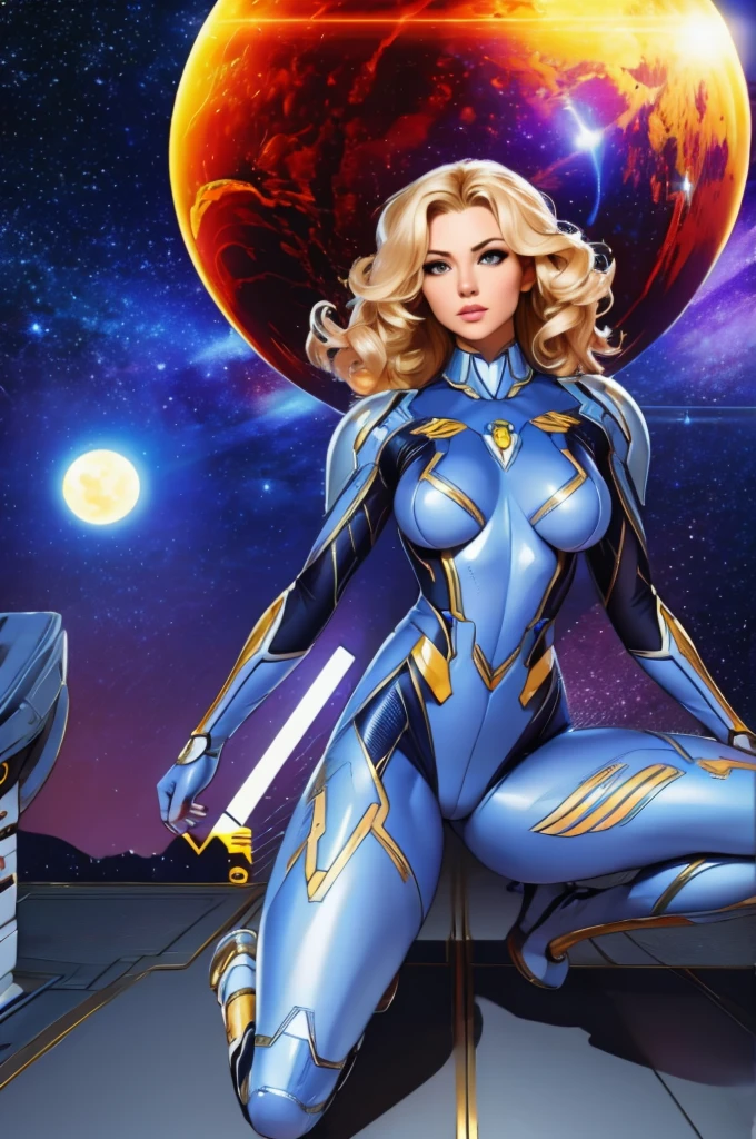 best quality, masterpiece, woman space super hero, beautiful face,full body,hi-tech armour over silver latex suit, long curly blonde hair,flying in super hero pose in deep space, with several planets and suns in the background
