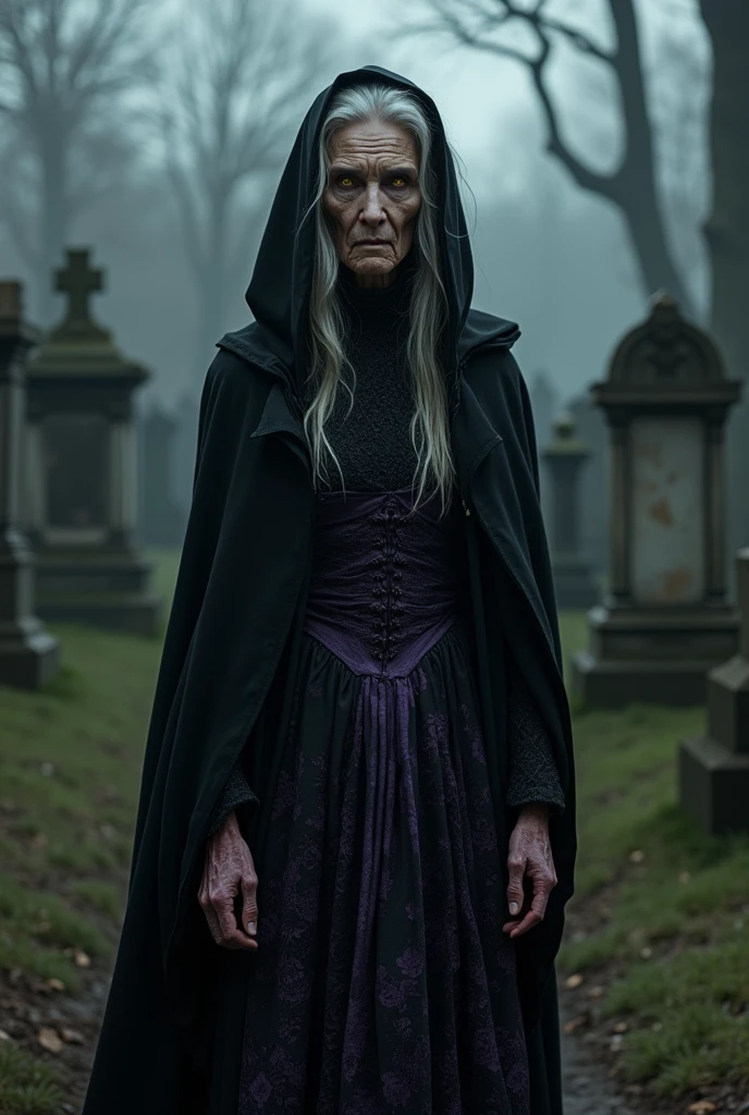 Halloween image of nefarious witches with old face and in gloomy cemetery --auto
