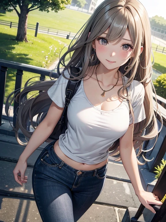 ((masterpiece,Highest quality;1.3,best illustration)),cowboy shot,1woman、25 year old beauty、独奏,((very small head:1.3)),brown hair,long hair,bangs,brown eyes,gorgeous eyes,blush,small breasts,((very long body:1.3)),((toned body,slender body,skinny)),gleaming skin,shiny skin,oily skin,(White T-shirt、denim micro shorts)、on street,Tokyo,