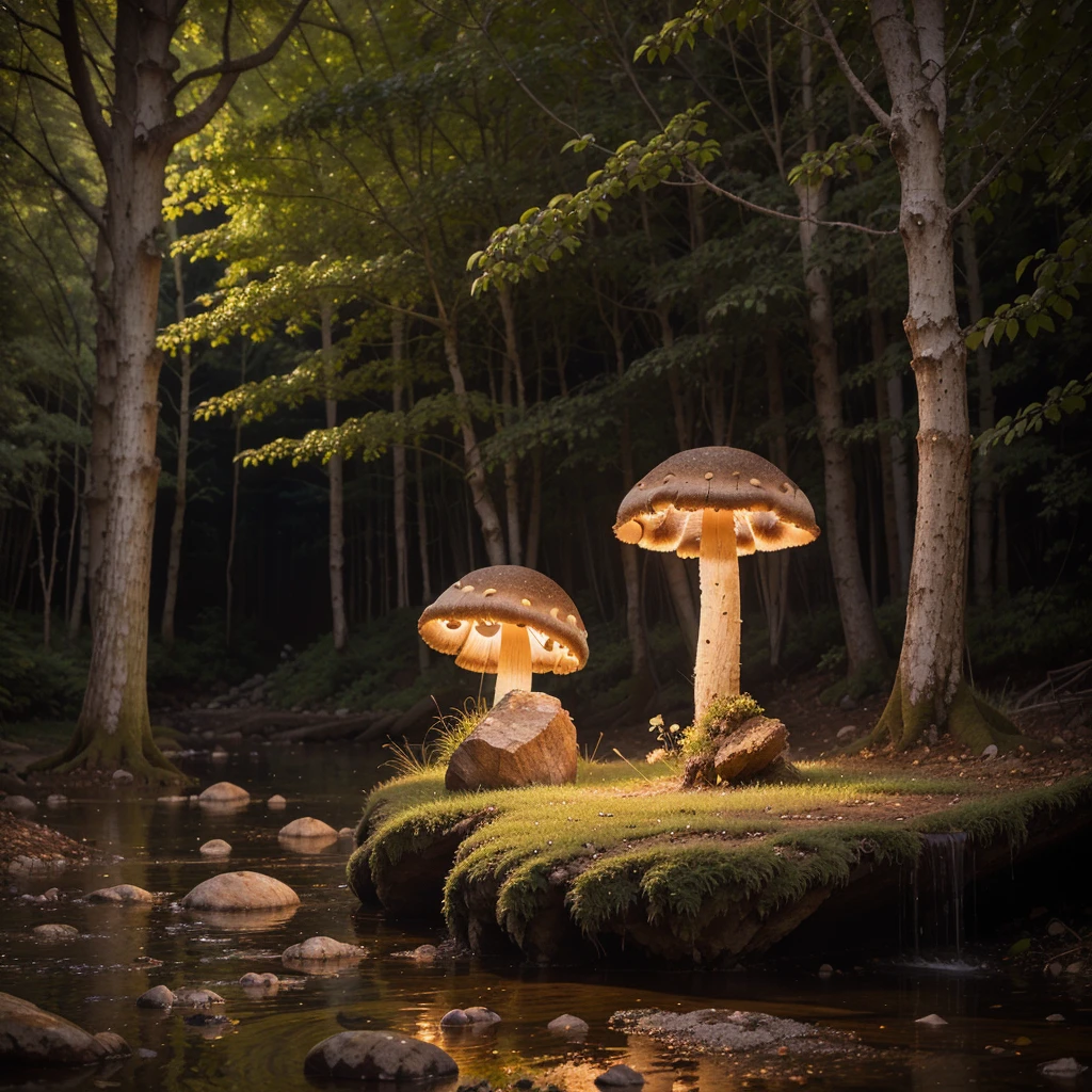 A solitary crystal mushroom radiates vibrant colors in the dark of night, nestled among ancient, gnarled trees in an enchanted forest, with a shimmering brook nearby.

Masterpiece, Award Winning, UHD, 