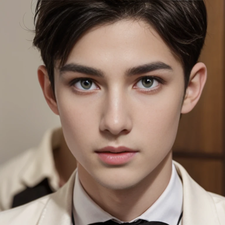 2 boys, black short hair, brown eyes, serious sharp features, white skin, a mole under the eye and a mole on the cheek, formal style.зелёный фон.