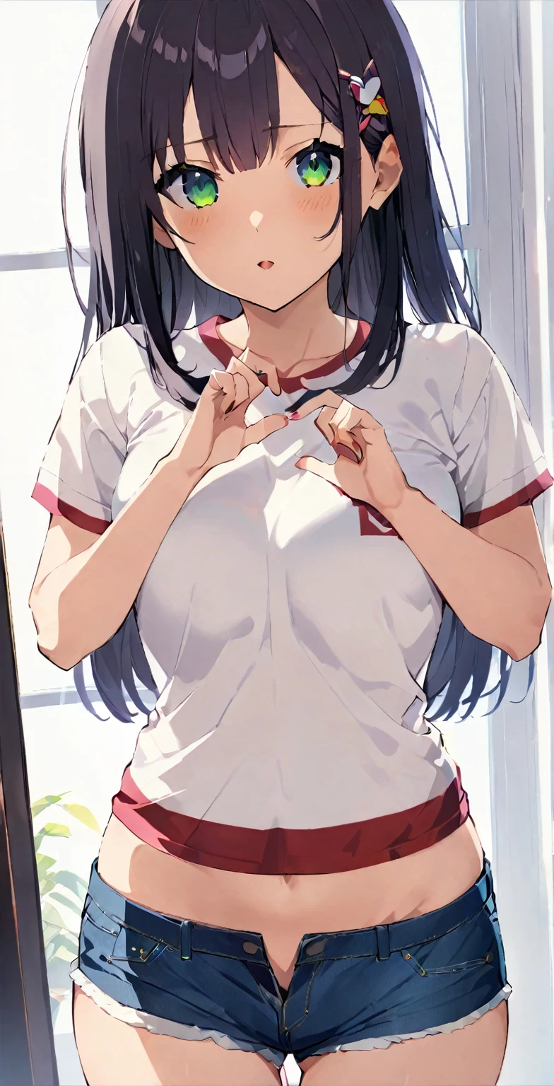 nagatoro :   A cute girl dressed in a t-shirt and short denim shorts,Sensual,     in front of me , Making a sexual gesture with her hands  