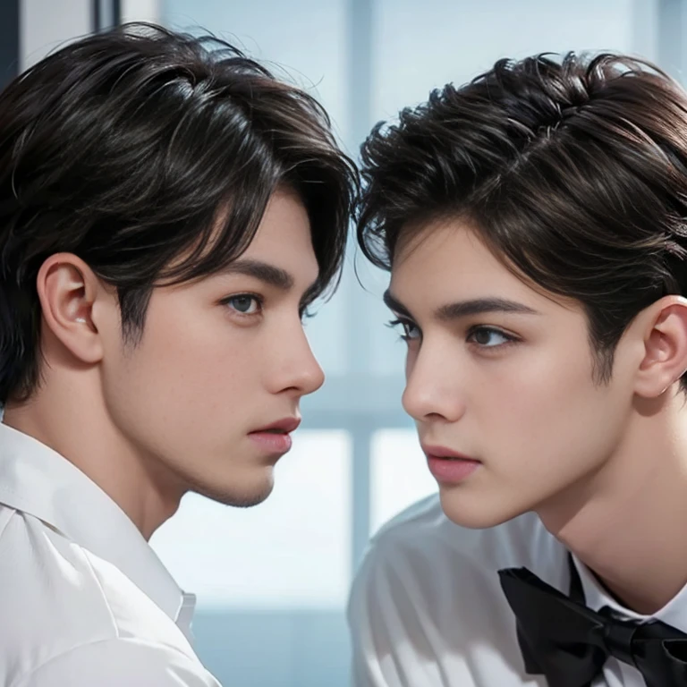 2 boys, black short hair, brown eyes, serious sharp features, white skin, a mole under the eye and a mole on the cheek, formal style.зелёный фон.