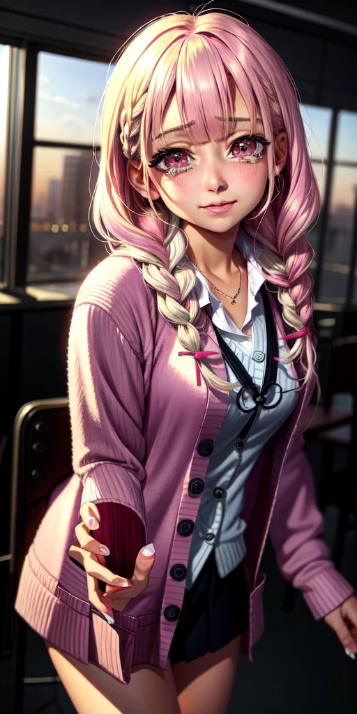 (((anime))), ((animated)), (GAL), medium hair, (braid hair:1.3), (blunt bangs:1.2),two-tone hair, blonde hair, (pink hair), round face, red eyes, (drooping eyes), (((tareme))),Pink Lip,piercing,necklace,[black skin], light smile, ((((cute)))), beautiful, 1 girl, solo, (cardigan:1.4), [cleavage cutout],beautiful background,(classroom:1.5),evening,sunlight,backlighting,masterpiece,best quality,exquisite,8k,absurdres,super fine illustration,(looking at viewer)
