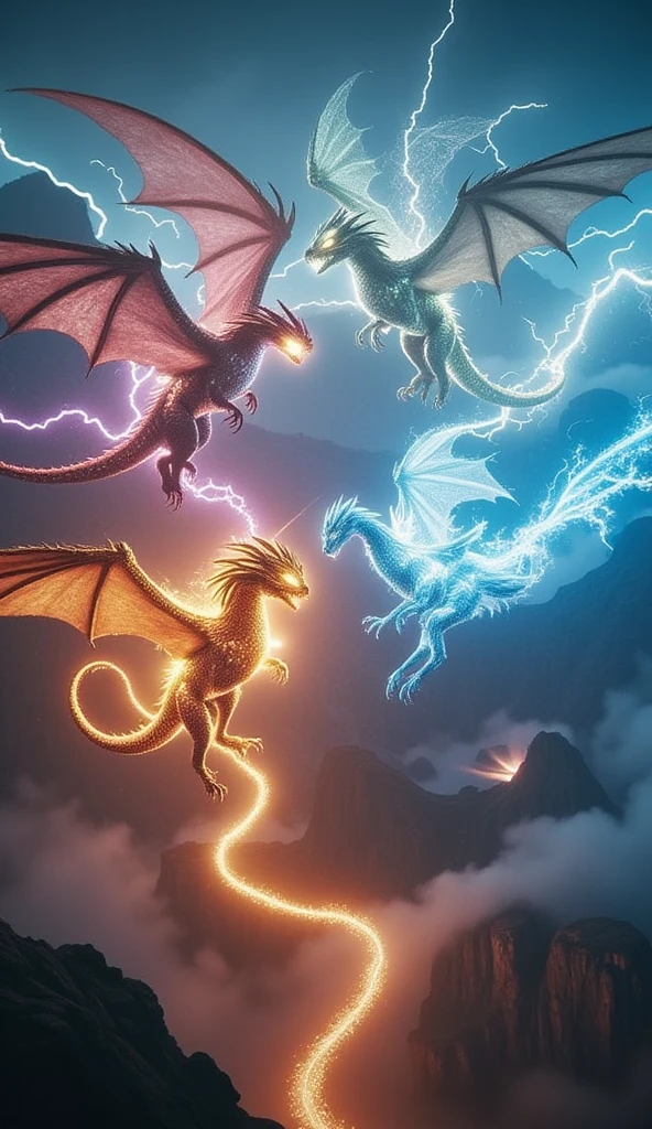 ((masterpiece)) ((HDR)) ((Highest quality)) ((128K)) Wide angle, cinematic, slow motion: A breathtaking scene showcasing the ancient dragons of the elements—Fire, Lightning, Ice, Water, and Earth—emerging from the mist. Each dragon, representing its element, flies majestically over vast, sacred landscapes. The camera slowly pans across the dragons, capturing their immense power and grace. Their glowing eyes and mythical forms glow brightly, transcending time as their legends echo through the ages. The music swells with an epic, mystical tone, creating an atmosphere of awe and reverence.