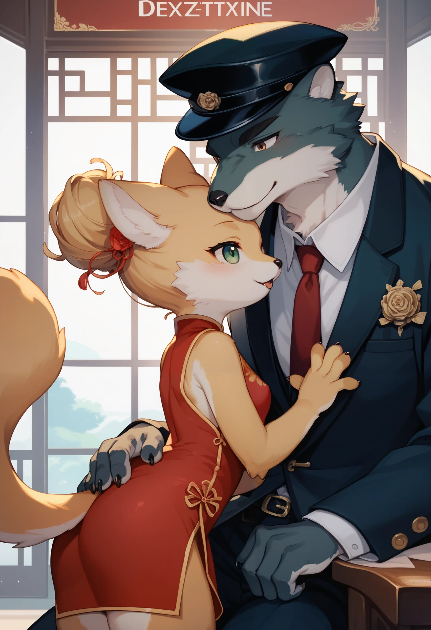 movie poster, movie artwork, concept art of love, romance novel cover, highres, top quality, best quality, perfect artwork, absurdres, perfect anatomy(couple, young 1male detective, 1woman in Chinese dress)(furry, kemono, anthro))with some elements of 007, battle,
