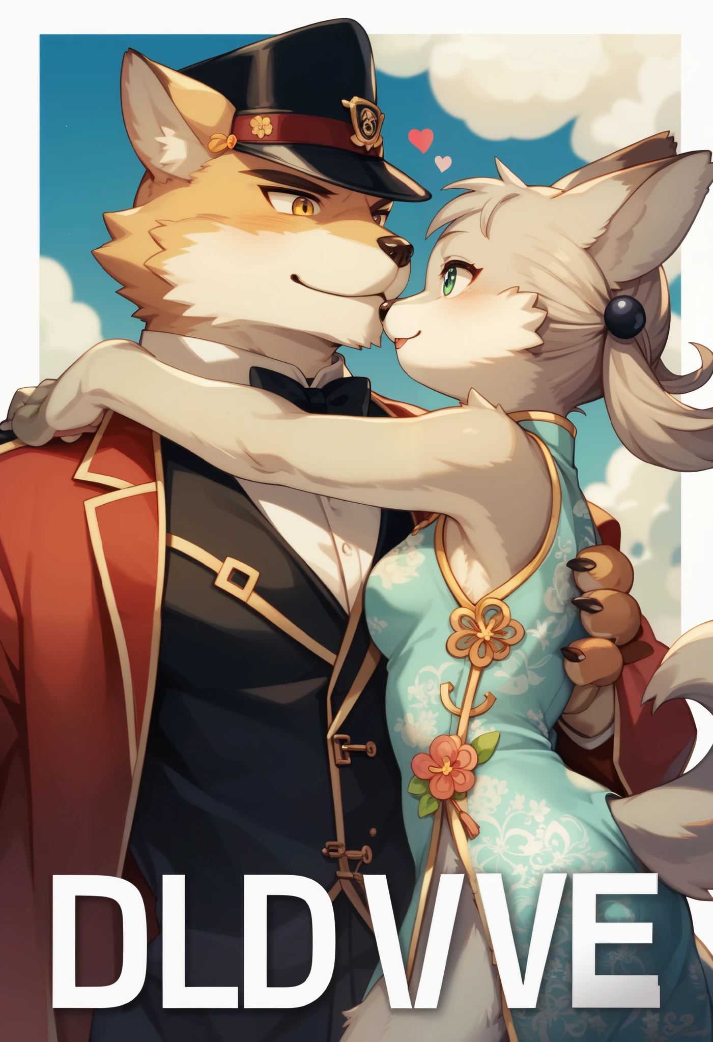 movie poster, movie artwork, concept art of love, romance novel cover, highres, top quality, best quality, perfect artwork, absurdres, perfect anatomy(couple, young 1male detective, 1woman in Chinese dress)(furry, kemono, anthro))with some elements of 007, battle,