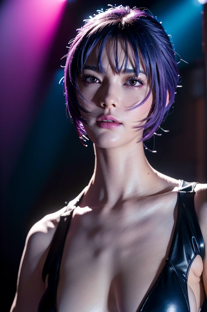 Ayane, cabelo roxo, (best quality, ultra details), (realisitic:1.37), beautiful and detailed face, ultra-realisitic texture, 精致的面容, Delicate body, red lipgloss stick, long-lasting colors. High definition, 8k.