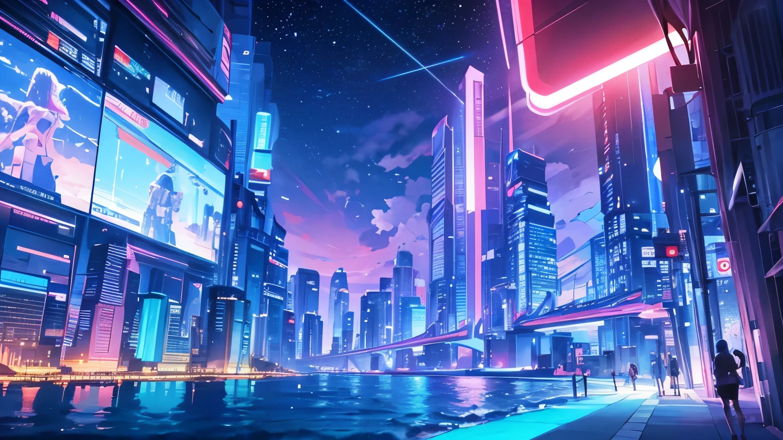   a beach with coastline and futuristic buildings with neon lights, stars and clouds,   is night with the sky  , The Moon and the Clouds  , purple and red