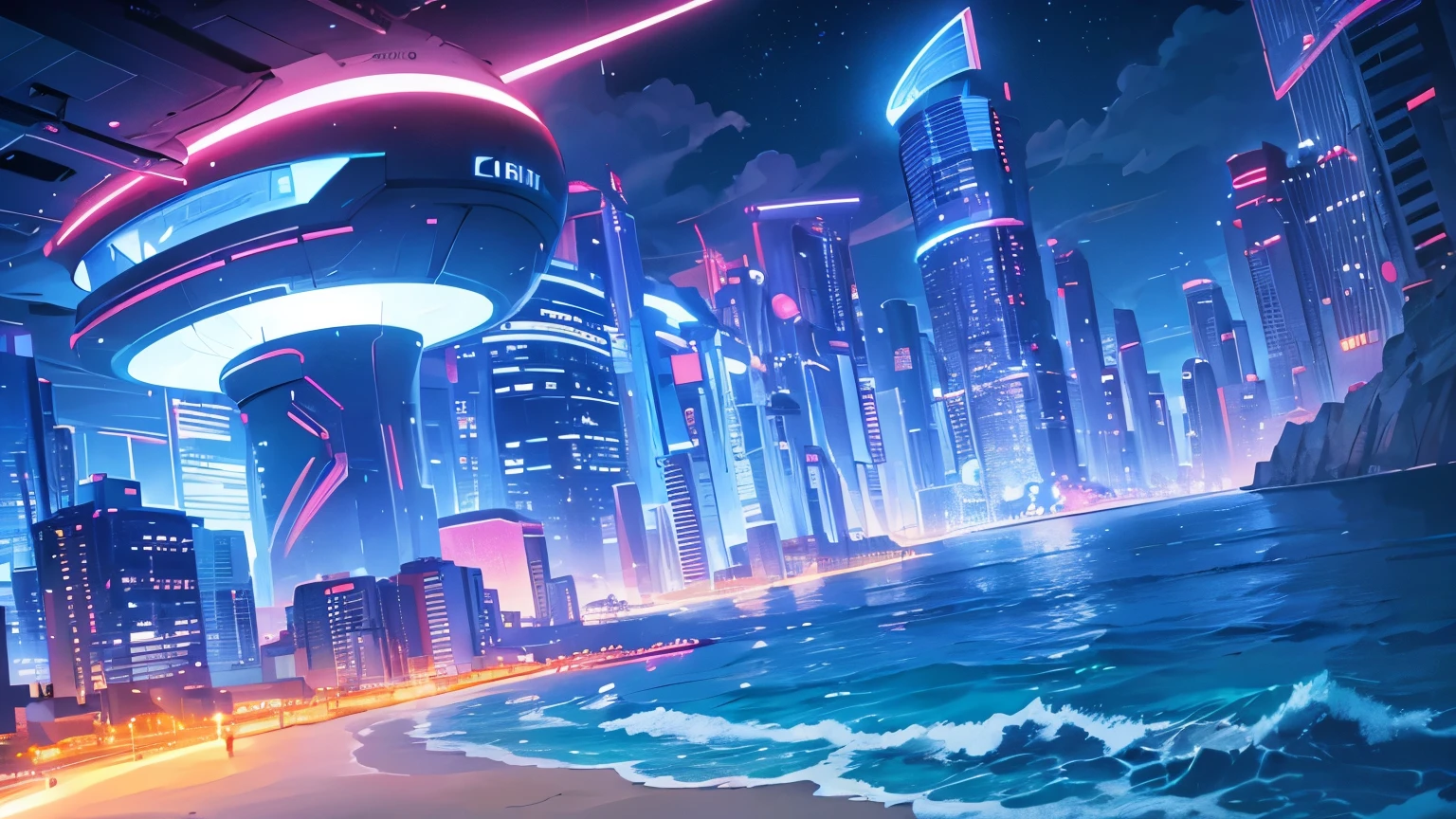   a beach with coastline and futuristic buildings with neon lights, stars and clouds,   is night with the sky  , The Moon and the Clouds  , purple and red